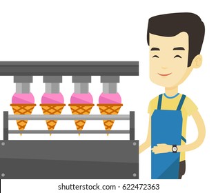 Asian worker of ice cream manufacture. Worker of factory producing ice-cream. Young man working on automatic production line of ice cream. Vector flat design illustration isolated on white background.