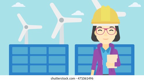 An asian worker of solar power plant and wind farm. Woman with folder on background of solar panel and wind turbine. Green energy concept. Vector flat design illustration. Horizontal layout.
