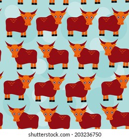 asian yak bull Seamless pattern with funny cute animal on a blue background. Vector