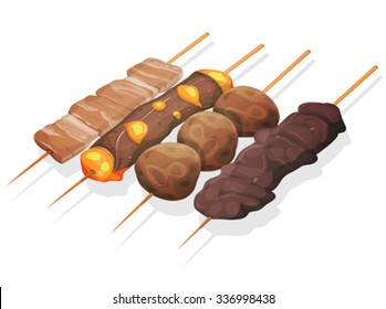 Asian Yakitoris Skewers Set/ Illustration of a set of appetizing cartoon yakitori skewers icons, with meat, beef and cheese, fried chicken croquettes, for asian fastfood and takeout restaurants