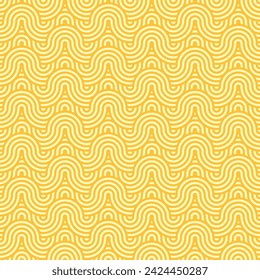 Asian yellow ramen noodles or pasta seamless pattern, vector background. Japanese or Chinese cuisine menu cover with abstract wave lines, ramen noodles art pattern tile with curve zigzag ornament