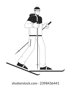 Asian young adult man skier using ski poles black and white 2D line cartoon character. Skiing korean male isolated vector outline person. Active lifestyle monochromatic flat spot illustration