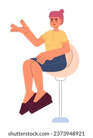 Asian young adult woman sitting on swivel bar stool 2D cartoon character. Korean female gesturing on barstool seating isolated vector person white background. TV host color flat spot illustration