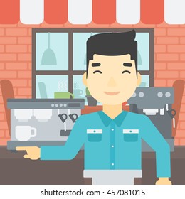 An asian young barista sanding in front of coffee machine. Barista at coffee shop. Professional barista making a cup of coffee. Vector flat design illustration. Square layout.