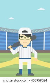 An asian young baseball player standing on a baseball stadium. Professional baseball player with a bat on his shoulder. Vector flat design illustration. Vertical layout.