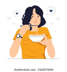 Asian young beautiful woman holding a bowl of noodles and eating hot and spicy instant noodles with chopsticks concept illustration