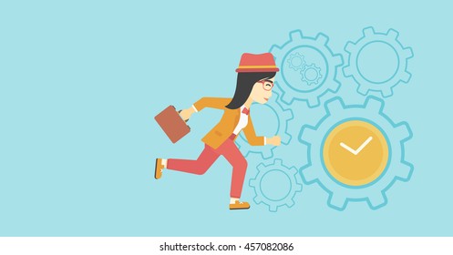 An asian  young business woman with briefcase running on a blue background with clock and cogwheels. Vector flat design illustration. Horizontal layout.