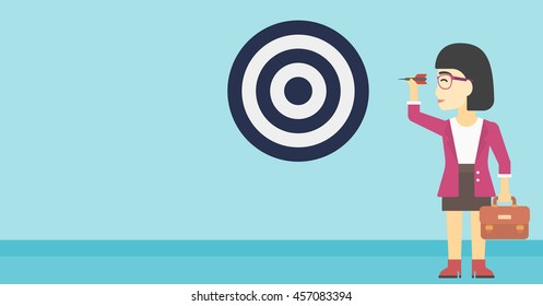 An asian young business woman with briefcase aiming at a target board. Concept of achieving of business goals. Vector flat design illustration. Horizontal layout.