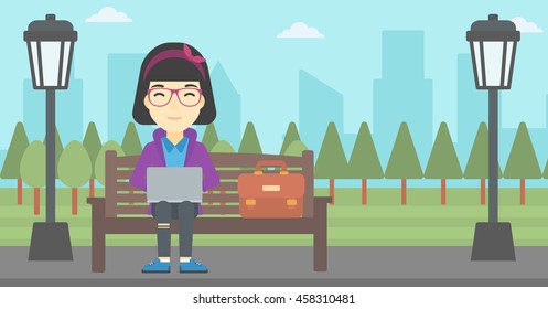 An asian young business woman with briefcase working in the park. Woman working on a laptop. Business woman sitting on a bench with laptop. Vector flat design illustration. Horizontal layout