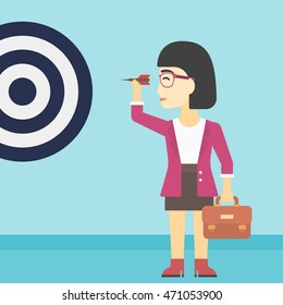 An asian young business woman with briefcase aiming at a target board. Concept of achieving of business goals. Vector flat design illustration. Square layout.