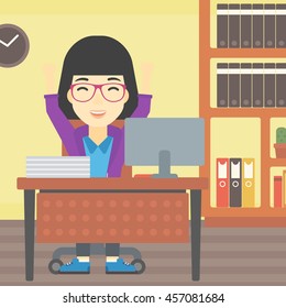 An asian  young business woman celebrating with arms up while sitting at the table in office. Successful business concept. Vector flat design illustration. Square layout.