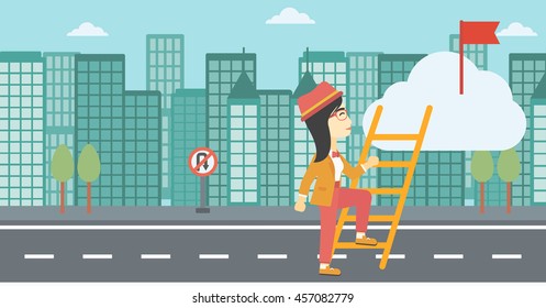 An asian young business woman climbing up the ladder to get the red flag on the top of the cloud on a city background. Vector flat design illustration. Horizontal layout.