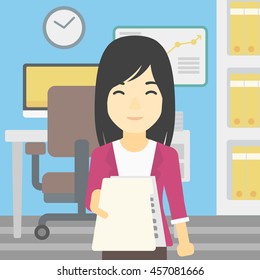 An asian young business woman giving a resume in office. Woman giving to the employer her curriculum vitae. Job interview concept. Vector flat design illustration. Square layout.