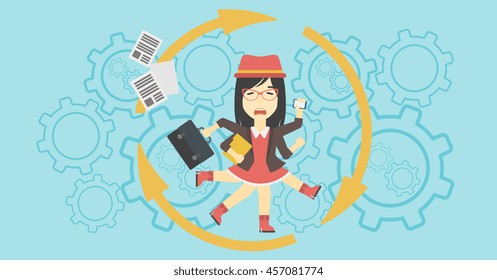 An asian  young business woman with many legs and hands holding papers, briefcase, smartphone. Multitasking and productivity concept. Vector flat design illustration. Horizontal layout.