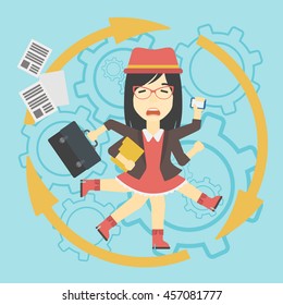 An asian  young business woman with many legs and hands holding papers, briefcase, smartphone. Multitasking and productivity concept. Vector flat design illustration. Square layout.