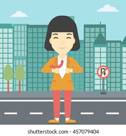 An asian young business woman opening her jacket like superhero on the background of modern city. Business woman superhero. Vector flat design illustration. Square layout.