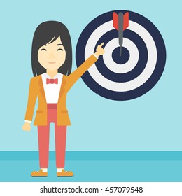 An asian young business woman pointing at arrow in a target board. Concept of achievement of business goal. Vector flat design illustration. Square layout.