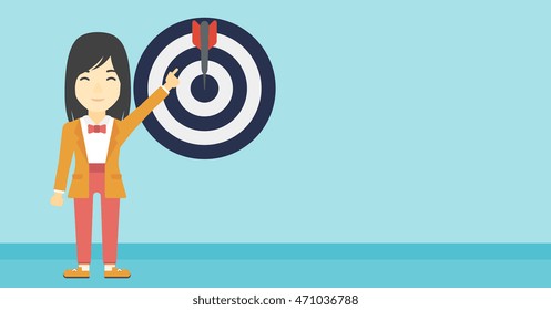 An asian young business woman pointing at arrow in a target board. Concept of achievement of business goal. Vector flat design illustration. Horizontal layout.