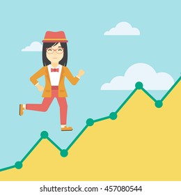 An asian young business woman running along the growth graph. Business woman going up. Happy business woman moving up. Successful business concept. Vector flat design illustration. Square layout.