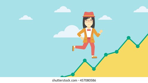 An asian young business woman running along the growth graph. Business woman going up. Happy business woman moving up. Successful business concept. Vector flat design illustration. Horizontal layout.