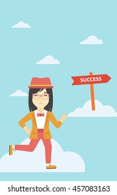 An asian young business woman running in the sky near direction sign success. Successful business concept. Vector flat design illustration. Vertical layout.