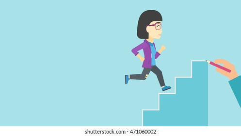 An asian  young business woman running up the stairs drawn by hand with pencile. Concept of business career. Vector flat design illustration. Horizontal layout.