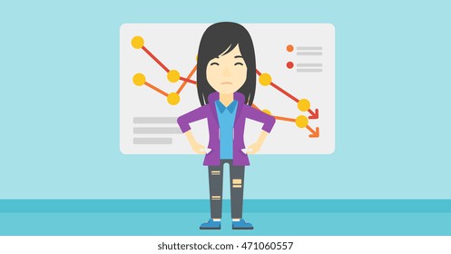 An asian young business woman showing her epmty pockets on the background of a board with decreasing chart. Bankruptcy concept. Vector flat design illustration. Horizontal layout.