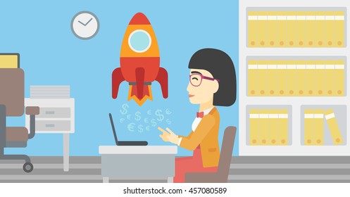An asian young business woman sitting at the table and looking at a business start up rocket taking off. Business start up concept. Vector flat design illustration. Horizontal layout.