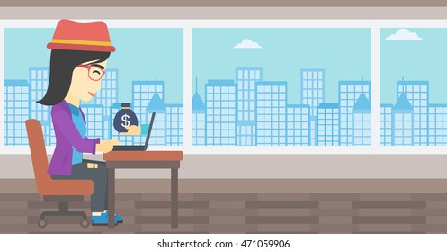 An asian  young business woman sitting at the table in office and a bag of money coming out of her laptop. Online business concept. Vector flat design illustration. Horizontal layout.