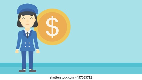 An asian young business woman standing with a big dollar coin behind her. Successful business concept. Vector flat design illustration. Horizontal layout.