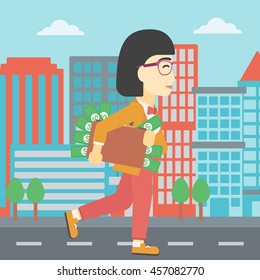 An asian  young business woman walking in the city with suitcase full of money. Vector flat design illustration. Square layout.