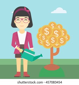 An asian young business woman watering a money tree. Successful business concept. Vector flat design illustration. Square layout.