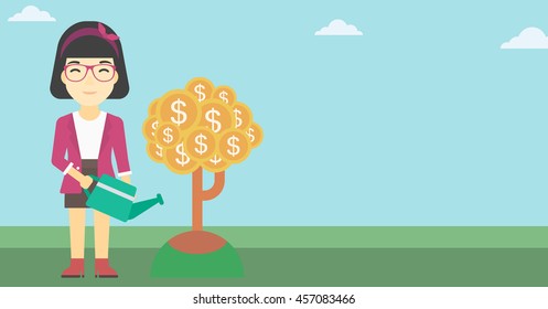 An asian young business woman watering a money tree. Successful business concept. Vector flat design illustration. Horizontal layout.