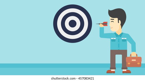 An asian young businessman with briefcase aiming at a target board. Concept of achieving of business goals. Vector flat design illustration. Horizontal layout.