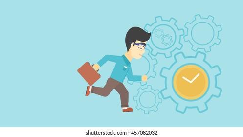 An asian  young businessman with briefcase running on a blue background with clock and cogwheels. Vector flat design illustration. Horizontal layout.