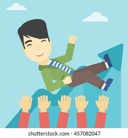 Un joven empresario asiático es arrojado al aire por compañeros de trabajo durante la celebración. Concepto de negocio exitoso. Ilustración de diseño plana vectorial. Diseño cuadrado.