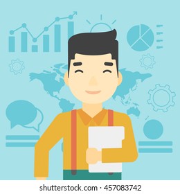 An asian  young businessman holding a file in hand while standing with growing chart and a map on a background. Vector flat design illustration. Square layout.