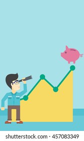 An asian  young businessman looking through spyglass at a piggy bank standing at the top of growth graph. Vector flat design illustration. Vertical layout.