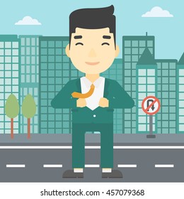 An asian young businessman opening his jacket like superhero on the background of modern city. Businessman superhero. Vector flat design illustration. Square layout.