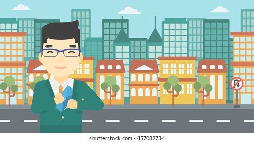 Un joven hombre de negocios asiático poniendo un sobre en su bolsillo sobre un fondo de ciudad. Ilustración de diseño plana vectorial. Diseño horizontal.