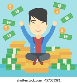 An asian  young businessman with raised hands sitting on golden coins and money flying around. Successful business concept. Vector flat design illustration. Square layout.
