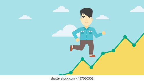 An asian young businessman running along the growth graph. Businessman going up. Happy businessman moving up. Successful business concept. Vector flat design illustration. Horizontal layout.