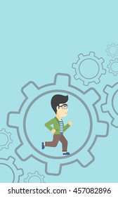 An asian  young businessman running inside a big cogwheel on a blue background. Vector flat design illustration. Vertical layout.