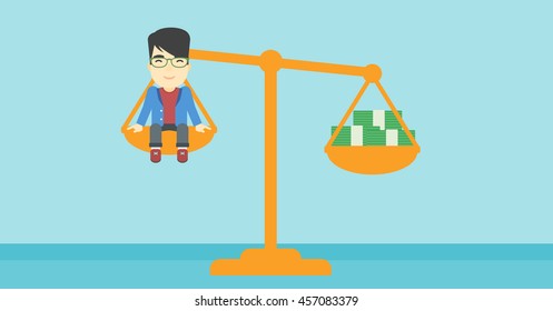An asian  young businessman sitting on a scale with stacks of money. Vector flat design illustration. Horizontal layout.