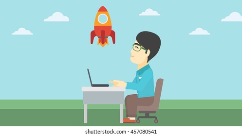 An asian young businessman sitting at the table and looking at a flying rocket. Businessman working on a laptop. Business start up concept. Vector flat design illustration. Horizontal layout.