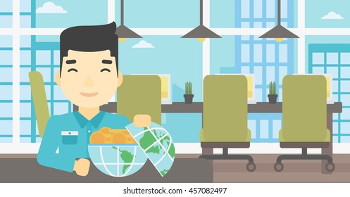 Un joven hombre de negocios asiático sentado en la mesa en el cargo con un globo terrestre lleno de monedas de oro. Concepto de negocios globales. Ilustración de diseño plana vectorial. Diseño horizontal.