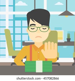 An asian  young businessman sitting at the table in office and moving dollar bills away. Vector flat design illustration. Square layout.