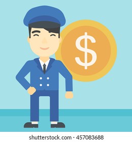 An asian  young businessman standing with a big dollar coin behind him. Successful business concept. Vector flat design illustration. Square layout.