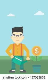 An asian  young businessman watering a money flower. Successful business concept. Vector flat design illustration. Vertical layout.