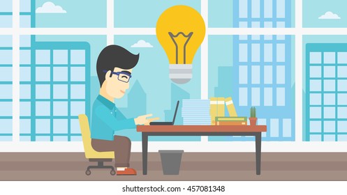 An asian young businessman working on laptop in office and idea bulb above the table. Successful business idea concept. Vector flat design illustration. Horizontal layout.